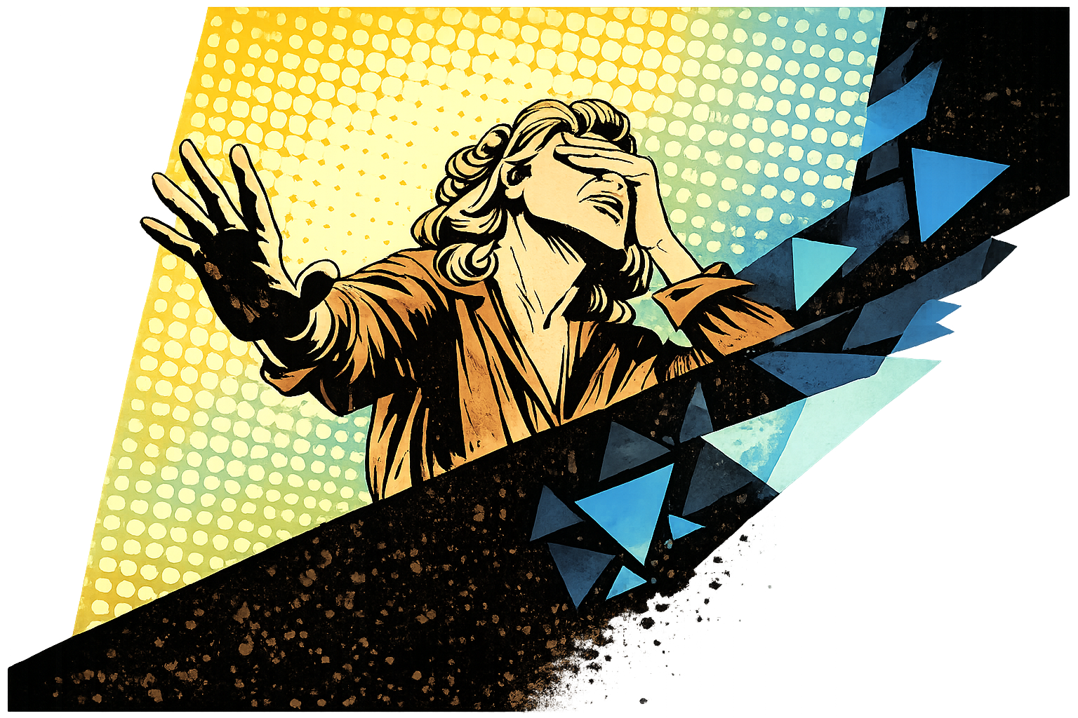 Pop-art illustration of a woman shielding her eyes as damp damage breaks apart into DBL blue and aqua geometric shards