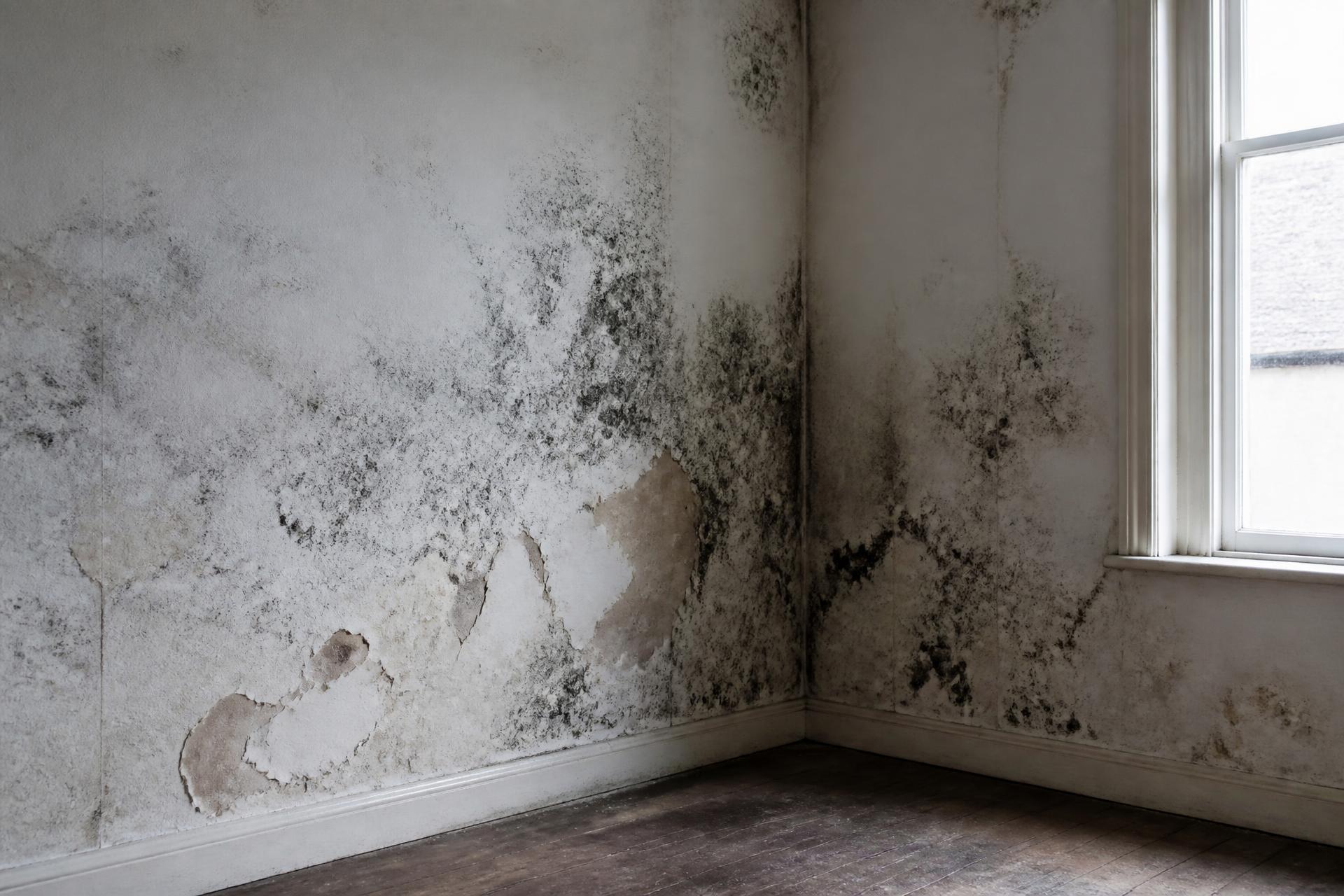 Interior wall corner affected by black mould and damp staining