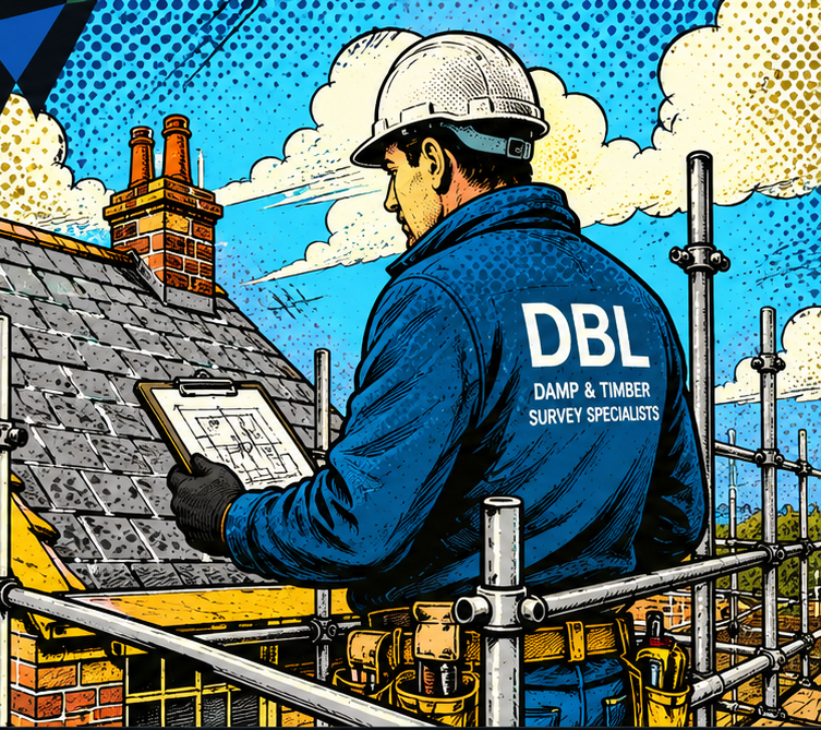 Pop-art illustration of a DBL damp and timber surveyor on scaffolding inspecting a tiled roof with a clipboard