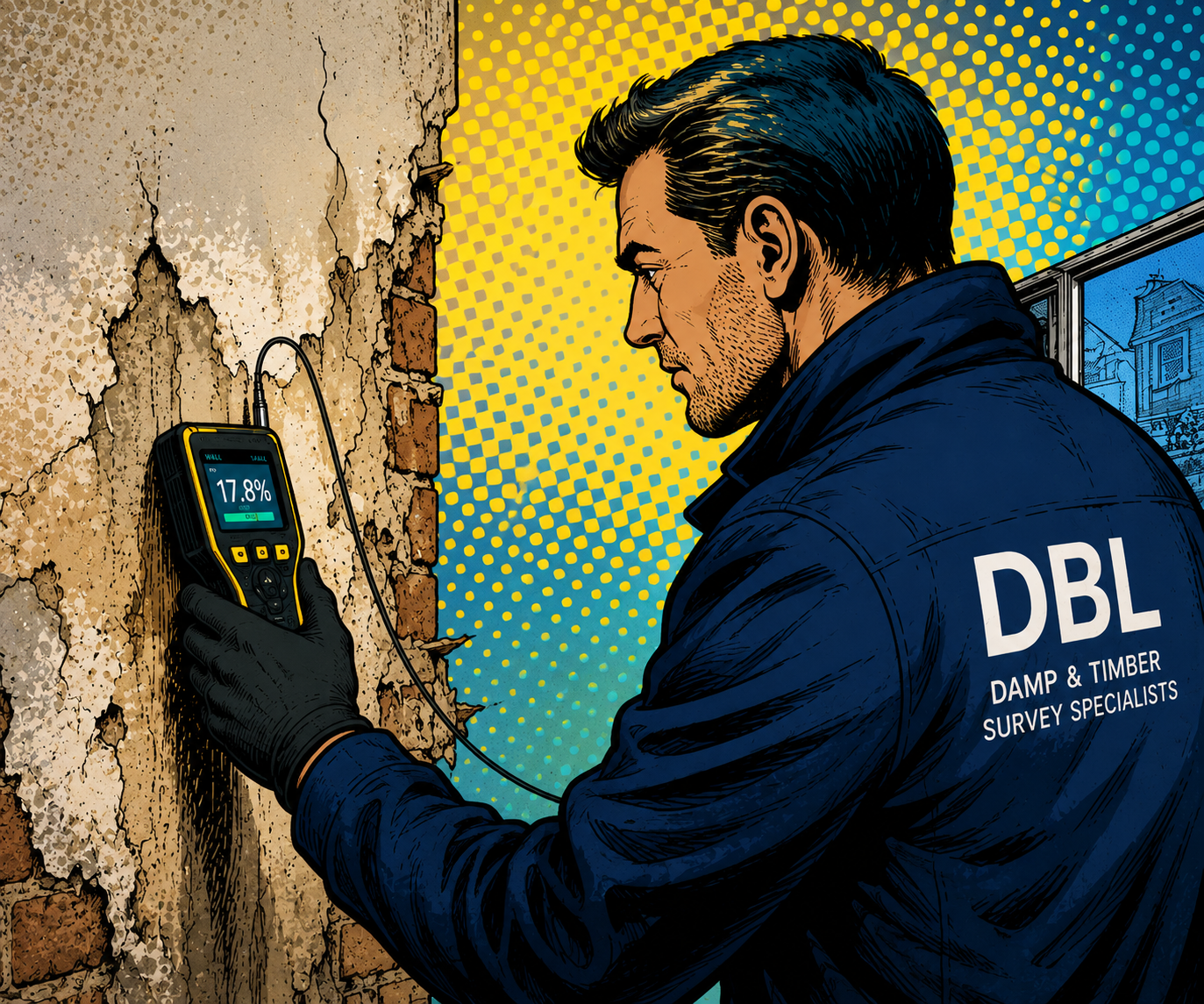 DBL specialist taking moisture readings on a damp-damaged wall