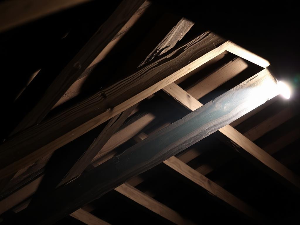 Roof timbers being inspected in a loft space