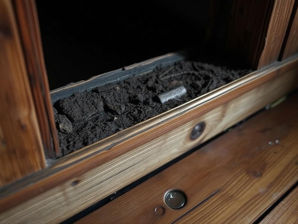 Wet rot decay in a timber sill