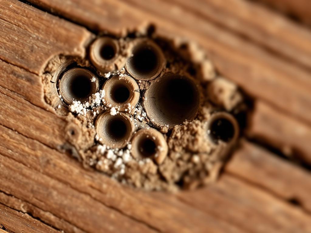 Woodworm exit holes in a beam